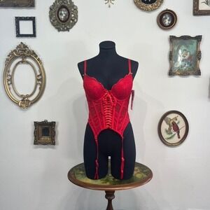 René Rofé Red Lace Y2K Style Bustier | Push-Up Corset Garter Top | Large